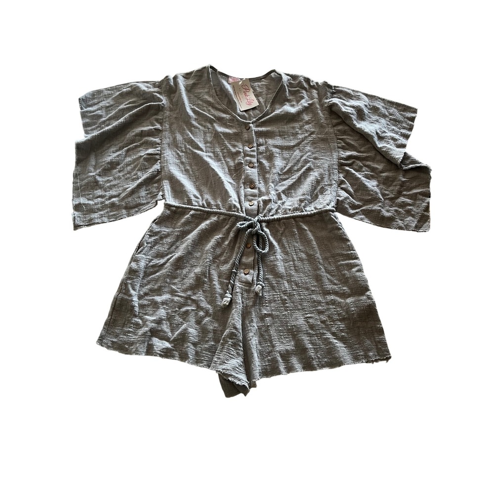 Pink Lily Boutique Grey Gauze Flutter Sleeve Button Front Romper Small NWT